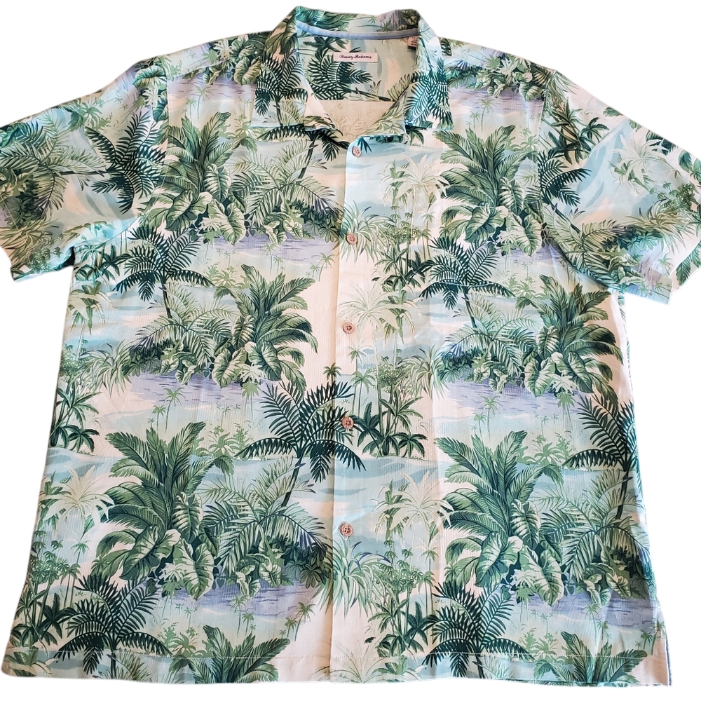 Tommy Bahama Men's Shirt Hawaiian Silk Camp XXL Green Blue Textured Copyright